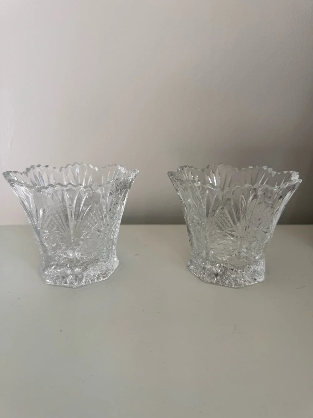 2 Vintage Studio Nova Crystal Mini Vase or Votive Candle Holders with Rose Motif